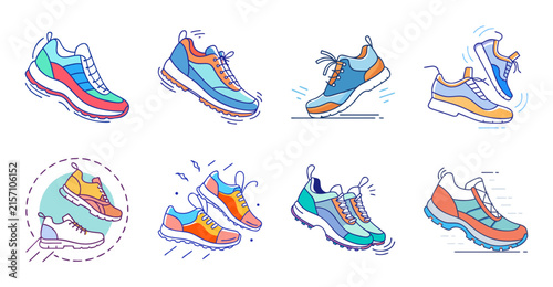 Colorful shoes with arrows showing directions - Illustrated vector shoes in vibrant colors with directional arrows for movement or path guidance.