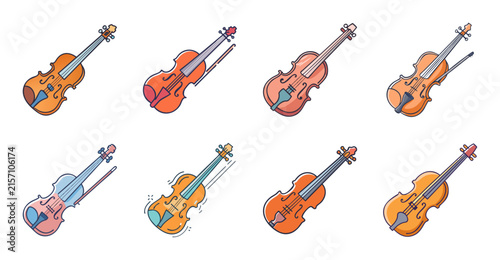 Colorful violins icon set with bows - A cheerful collection of six cartoon violins in different colors, each with a bow, ready for use in designs or presentations.