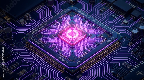 Obraz na płótnie Advanced microchip processor with glowing purple central core on a complex computer motherboard circuit board