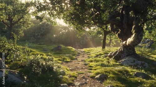 Sunlit Forest Path with Dappled Light Through Autumn Trees