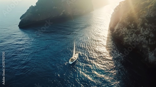 Aerial View of Coastal Cliff with Boat Sailing on Ocean