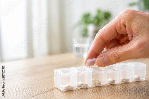 Organización de pastillas en un contenedor para tomar medicamentos diariamente en casa