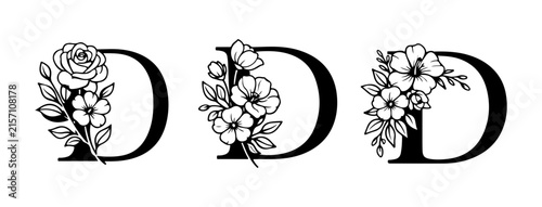 Three black and white flower illustrations with leaves in oval frames