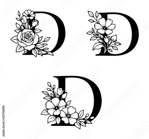 Black and white floral bouquet with roses and small flowers in three oval frames