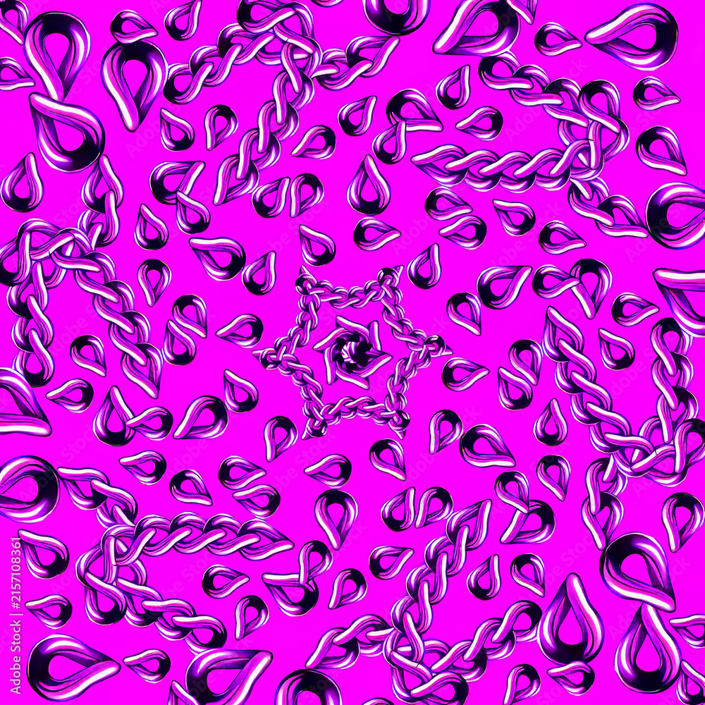 Fototapeta premium Vibrant magenta pink abstract pattern featuring metallic purple chains and drops