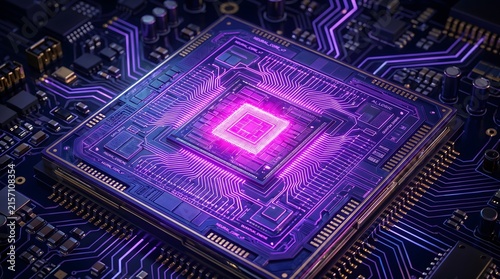 Obraz na płótnie Advanced microchip processor with glowing purple central core on a complex computer motherboard circuit board
