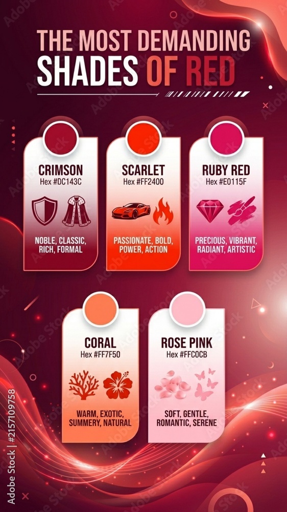 Educational design infographic showcasing popular shades of red featuring hex codes and thematic representative icons infographic swatches
