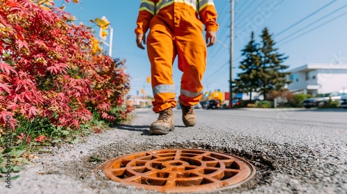 Worker in orange uniform walks past a rusty manhole cover. Red maple leaves frame the scene with autumn color