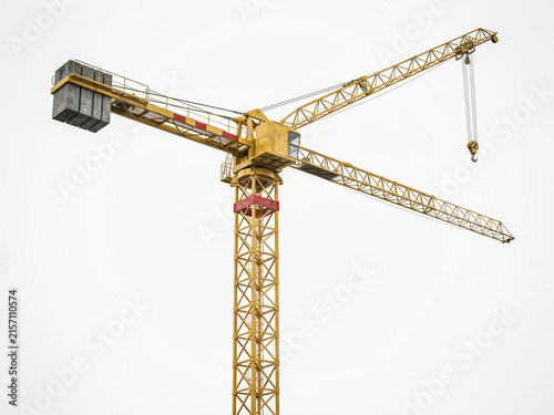 Yellow heavy duty construction tower crane with counterweight and hook isolated on white background 3D rendering