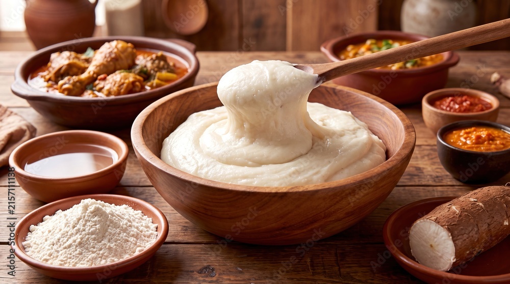 Fototapeta premium Angolan Funge Cassava Porridge Served with Ingredients and Stews on a Rustic Wooden Table