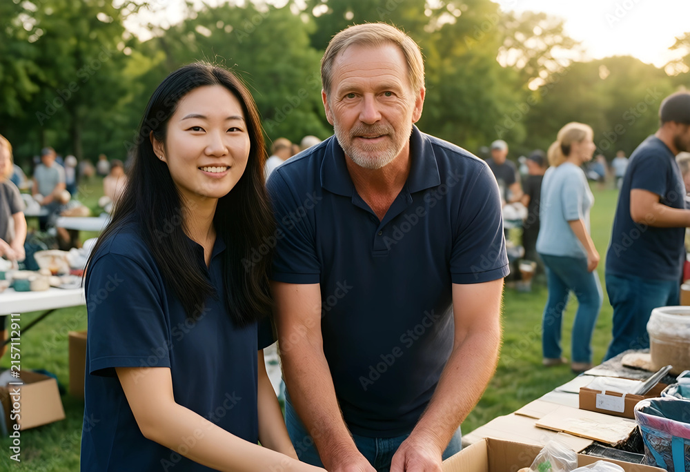 Naklejka premium Smiling asian woman and mature man at an outdoor market, community event and local business concept, Diverse group of people in a park setting during daylight hours