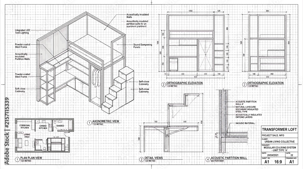 Fototapeta premium Technical architectural drawing of a modular transformer loft for coliving apartment units