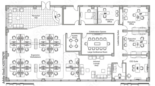 Modern office floor plan featuring ergonomic workstations, conference rooms, and leadership suites