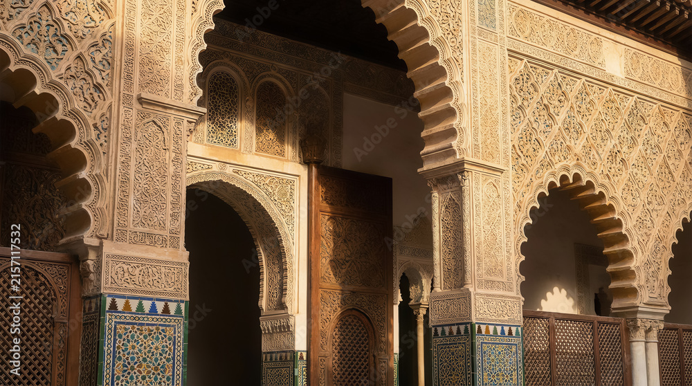 Fototapeta premium Royal Alc?zar of Seville in Andalusia, Spain, historic Mud?jar palace with intricate carved arches, ornate plasterwork, geometric patterns and elegant Islamic architectural details.