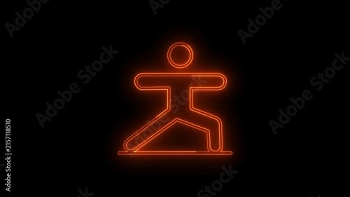 Glowing Neon Yoga Icon of Warrior 2 Pose Virabhadrasana II Isolated on Black Background - Motion Graphic Loop for Fitness, Wellness, Meditation, and Mindfulness Healthy Life Concepts