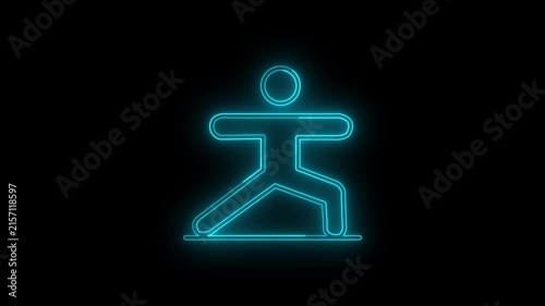 Glowing Neon Yoga Icon of Warrior 2 Pose Virabhadrasana II Isolated on Black Background - Motion Graphic Loop for Fitness, Wellness, Meditation, and Mindfulness Healthy Life Concepts