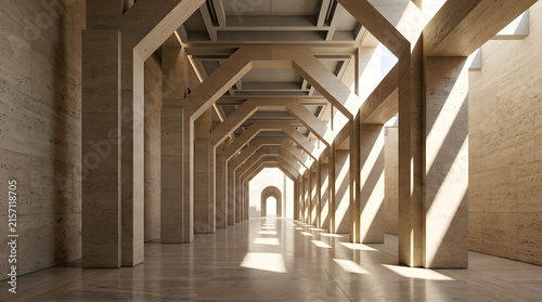 Elegant minimalist architectural corridor with repeating stone arches and dramatic sunlight casting sharp rhythmic shadows