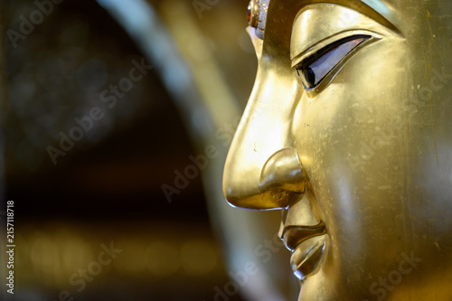 Side Profile of Large Golden Buddha Statue at Wat San Pa Yang Luang, Lamphun, Thailand