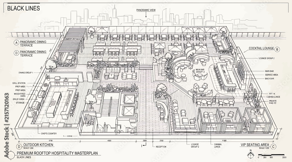Fototapeta premium Detailed architectural line drawing of a premium rooftop hospitality master plan