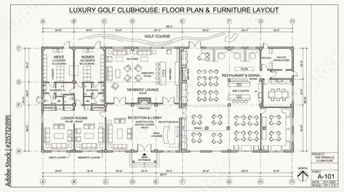 Luxury golf clubhouse floor plan and furniture layout architectural drawing