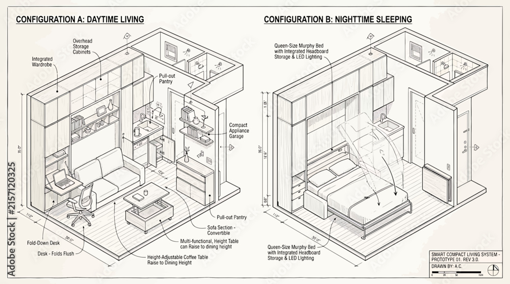 Fototapeta premium Smart compact living system prototype showing daytime living and nighttime sleeping configurations
