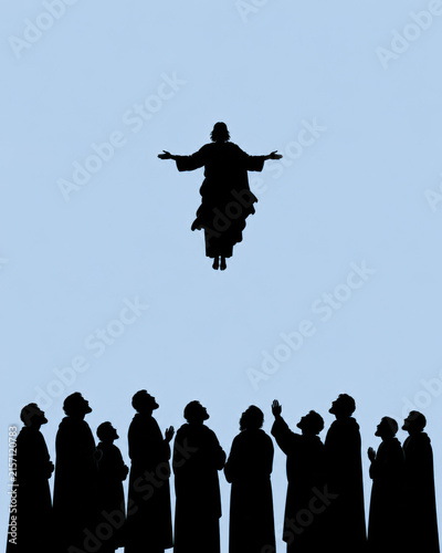 Biblical Stories in Silhouette – The Ascension of Jesus Above Eleven Apostles Looking Toward Heaven on Pale Blue Background