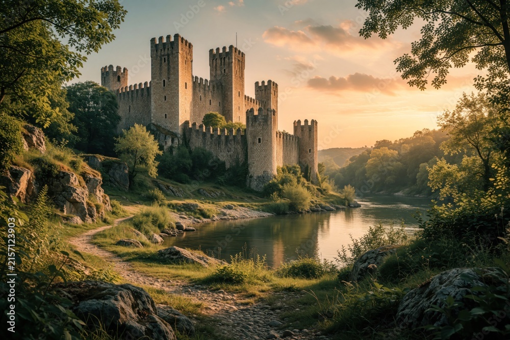 Fototapeta premium Ancient medieval castle with tall stone towers stands by calm riverbank. Green trees, rocky hills surround fortress at sunset. Golden light shines over historic architecture, peaceful water landscape