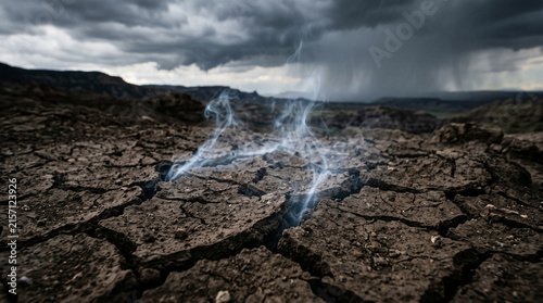 Steaming parched ground during storm symbolizes recovery.