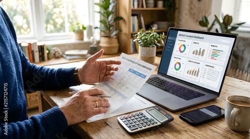 Man comparing health insurance options at home office desk with laptop dashboard and calculator