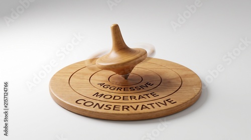 Wooden spinning top spinning on a target board with aggressive, moderate, and conservative rings, representing risk appetite and tolerance concept in corporate decision making