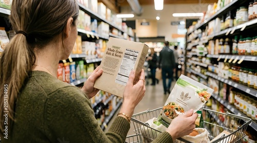 Woman shopping for organic whole grain oats and seeds in grocery store