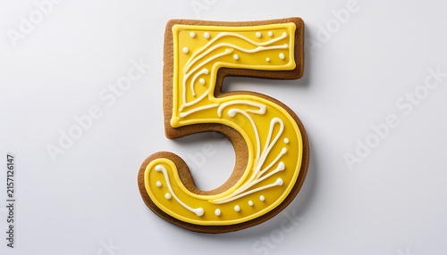 gingerbread cookie shaped as a number five with bright yellow icing isolated white background image