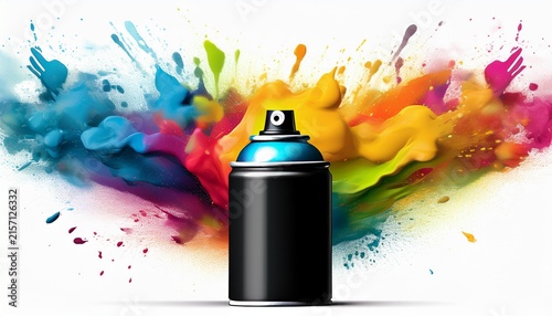 black spray can with colorful rainbow paint explosion powder isolated on white background graffiti abstract art industry background
