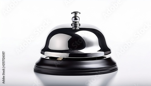 reception or service bell with a shiny metal surface and a black plastic base isolated on white