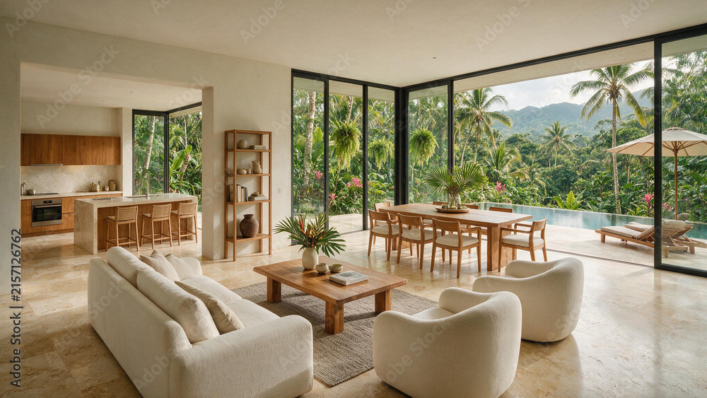 Fototapeta premium Modern Tropical Living Room with Floor to Ceiling Windows