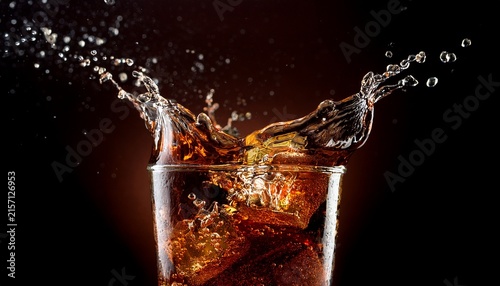 splash from ice cubes in a glass of cola