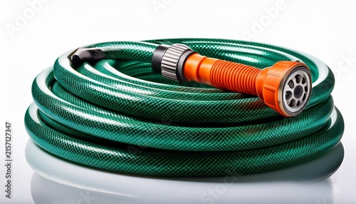 a flexible green garden hose coil elegantly beside a sturdy orange spray shower nozzle isolated owhite background