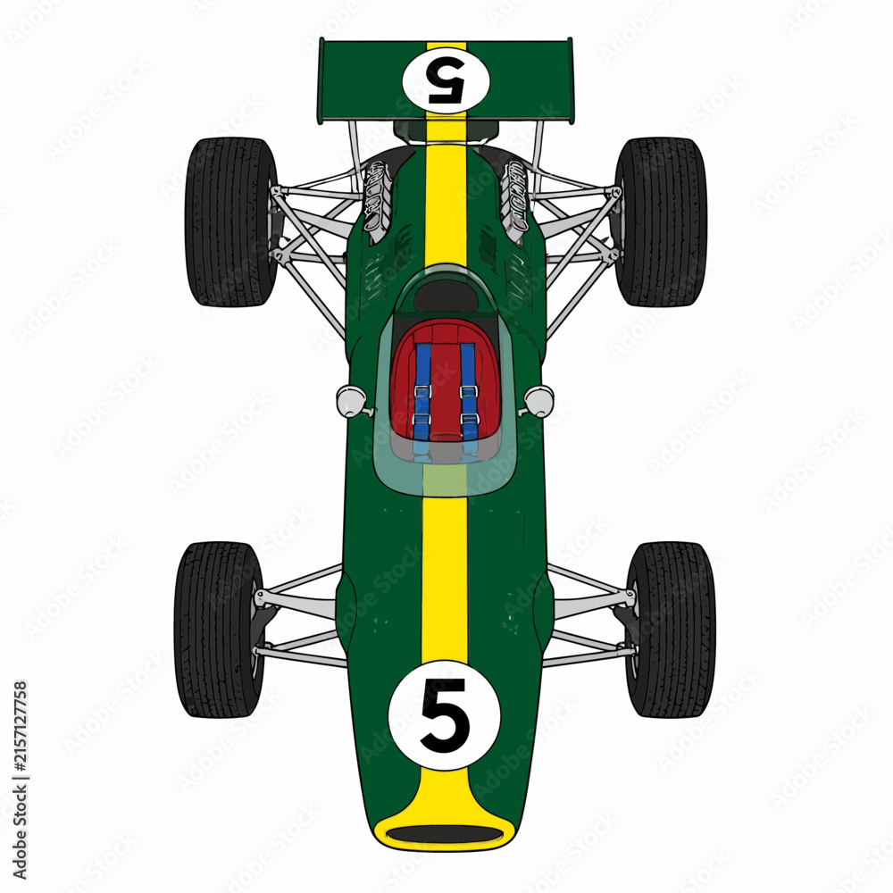 Fototapeta premium Top view of a vintage green and yellow racing car, number 5, with exposed engine, large rear spoiler, and racing seat. Isolated on white background. Classic Formula 1 automotive.