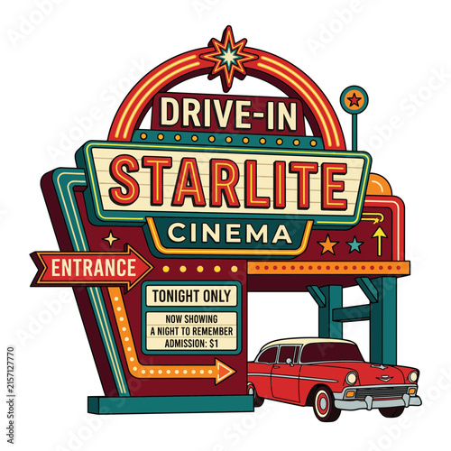 Foto Retro Starlite Drive-In Cinema sign with vintage car and entrance arrow, neon li