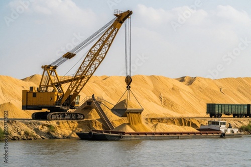 Large yellow excavator crane loads sand into cargo barge on river. Heavy industrial machinery excavates river bank for construction materials. Sand piles background mountains of dirt. Transporting