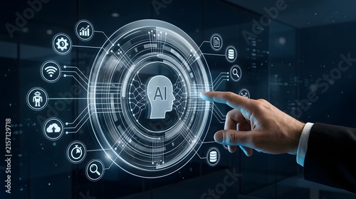 Obraz na płótnie Artificial intelligence concept with a hand interacting with a digital interface