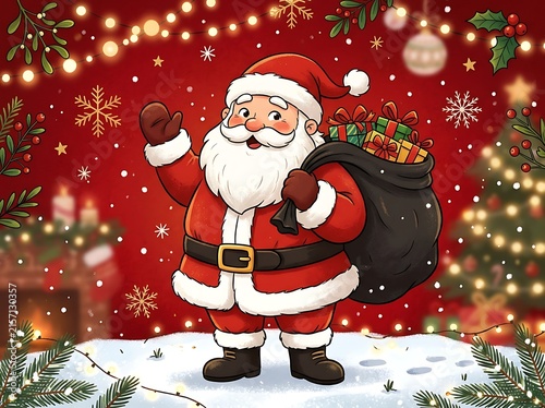 Cartoon santa claus waving and carrying large gift sack on snowy winter background for merry christmas greeting card.