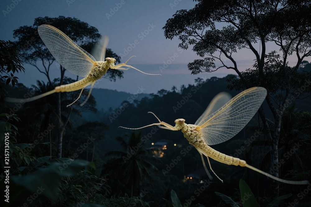 Fototapeta premium Two mayflies fly over tropical forest valley at twilight. Insects with transparent wings move gracefully among trees and hills. Dusk light creates a mystical atmosphere in the natural landscape.