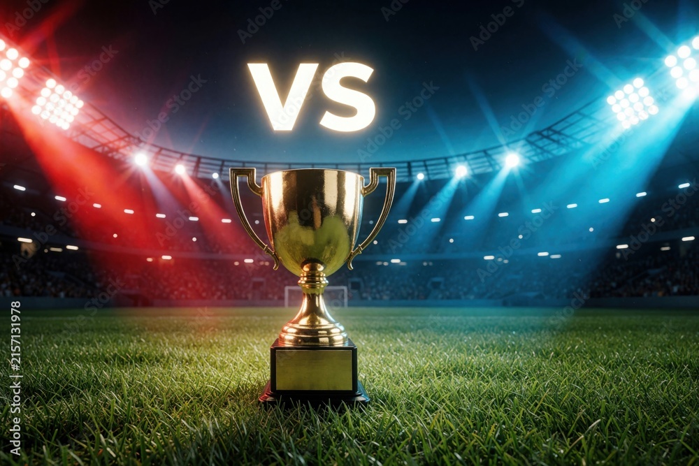 Fototapeta premium Golden trophy sits on green sports field before stadium lights. Versus sign glows above competition cup on grass near arena. Victory awaits winner.