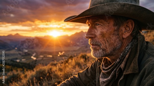 Cinematic medium portrait of a rugged elderly cowboy wearing a hat and leather jacket against a mountain sunset background