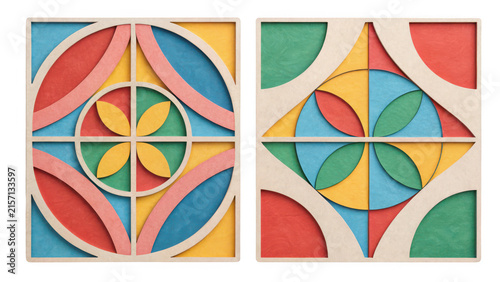 A side-by-side comparison of two intricate, laser-cut wooden panels featuring vibrant, multi-layered geometric patterns in a contemporary, colorful, and highly stylized artistic design aesthetic.