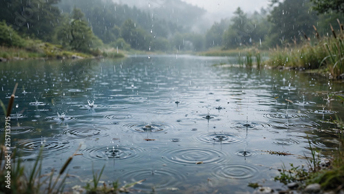 Rain falling on a calm river surface creating ripples with misty forested mountains in the background