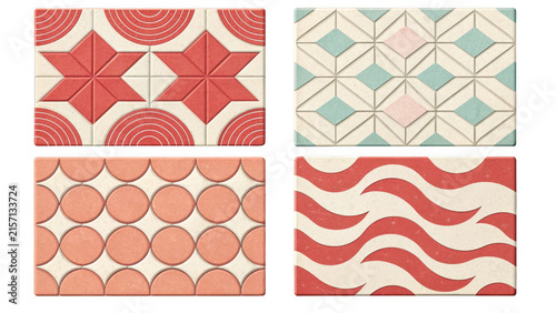 A collection of four distinct decorative paving tile patterns featuring geometric star, diamond, circle, and wave motifs in a soft, muted, and textured color palette.