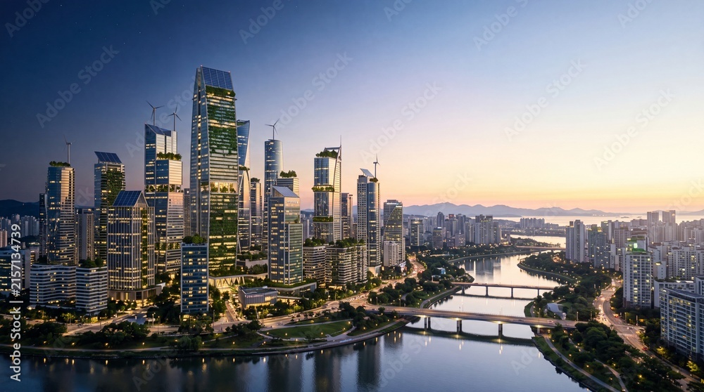 Fototapeta premium Sustainable Green City Skyline with Biophilic Vertical Forest Skyscrapers and Riverfront Architecture at Golden Sunset Dusk - Generative AI
