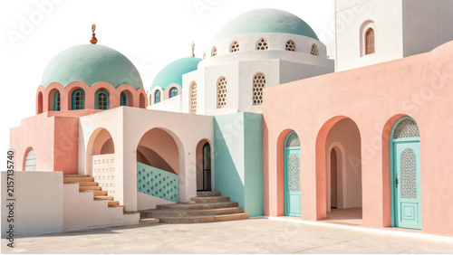 A serene architectural scene featuring pastel-colored buildings with rounded domes, arched doorways, and intricate lattice detailing, set against a stark and clean black background.